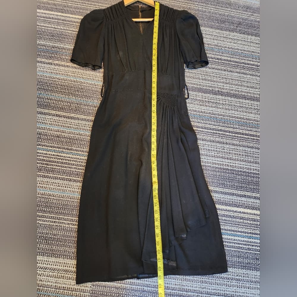 Vintage 1930s Black Crepe Midi Dress Wrap Style front With Belt - Thumbnail 13