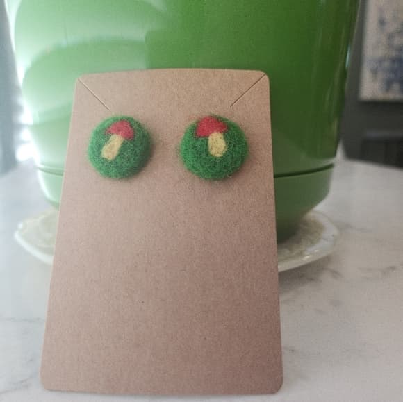 Green Yellow And Red Needlefelted Mushrrom Stud Earrings - Thumbnail 7