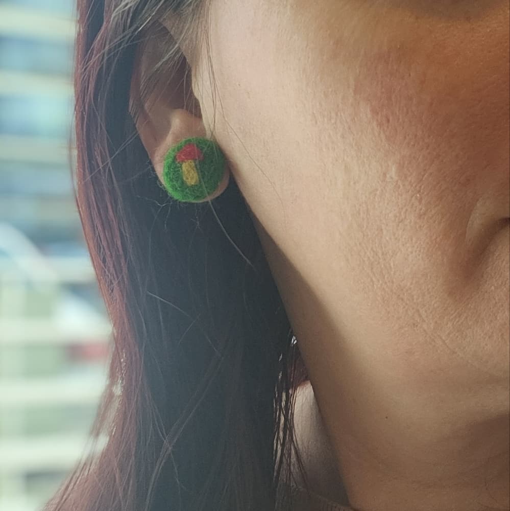 Green Yellow And Red Needlefelted Mushrrom Stud Earrings - Thumbnail 4