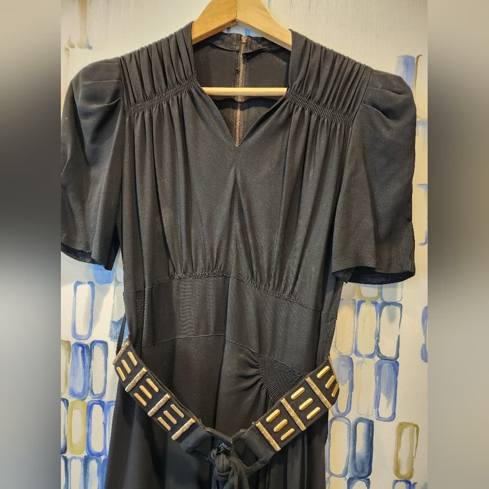 Vintage 1930s Black Crepe Midi Dress Wrap Style front With Belt - Thumbnail 2