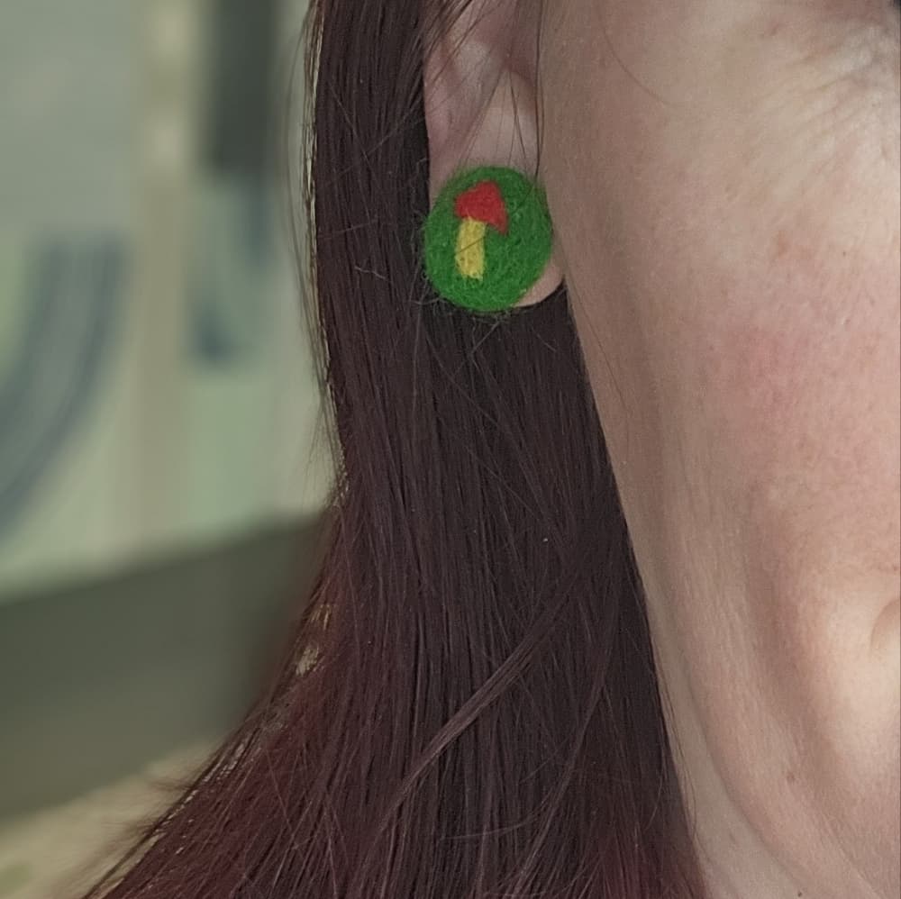 Green Yellow And Red Needlefelted Mushrrom Stud Earrings - Thumbnail 5