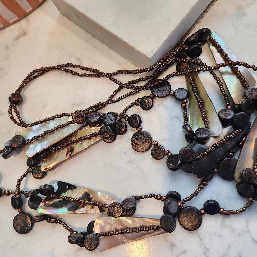 Pretty Brown Cream and Black Shell And Wood Long Beaded Necklace - Thumbnail 5