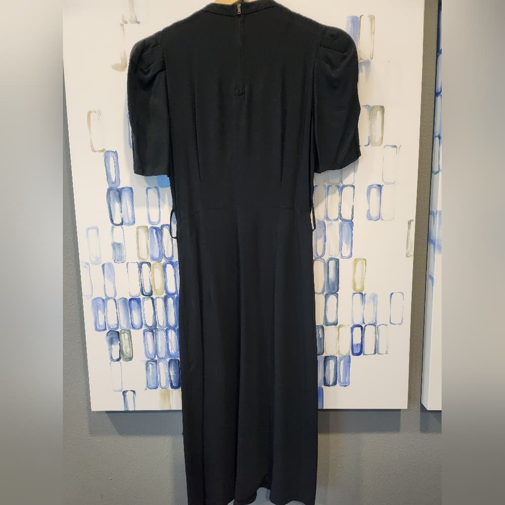 Vintage 1930s Black Crepe Midi Dress Wrap Style front With Belt - Thumbnail 10