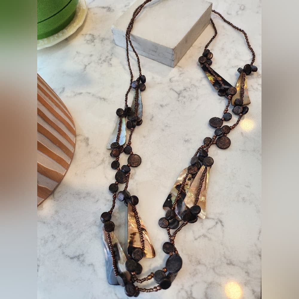 Pretty Brown Cream and Black Shell And Wood Long Beaded Necklace - Thumbnail 6