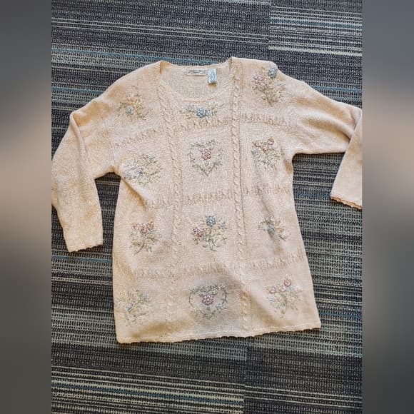 Vintage Carolyn Taylor Soft Pink Emroidered Beaded Floral 90s Sweater - Thumbnail 14