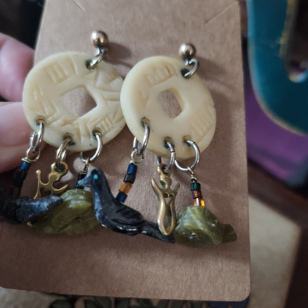 Tribal Style Carved Bone Animal Gemstone Post Back Earrings - Thumbnail 2