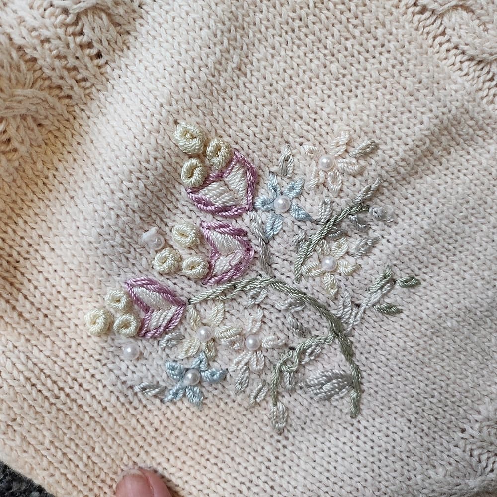 Vintage Carolyn Taylor Soft Pink Emroidered Beaded Floral 90s Sweater - Thumbnail 8