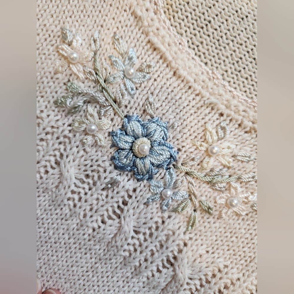 Vintage Carolyn Taylor Soft Pink Emroidered Beaded Floral 90s Sweater - Thumbnail 4