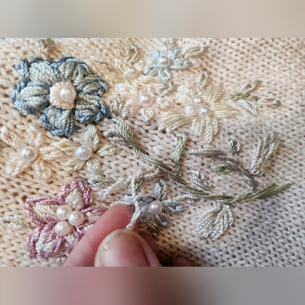 Vintage Carolyn Taylor Soft Pink Emroidered Beaded Floral 90s Sweater - Thumbnail 5