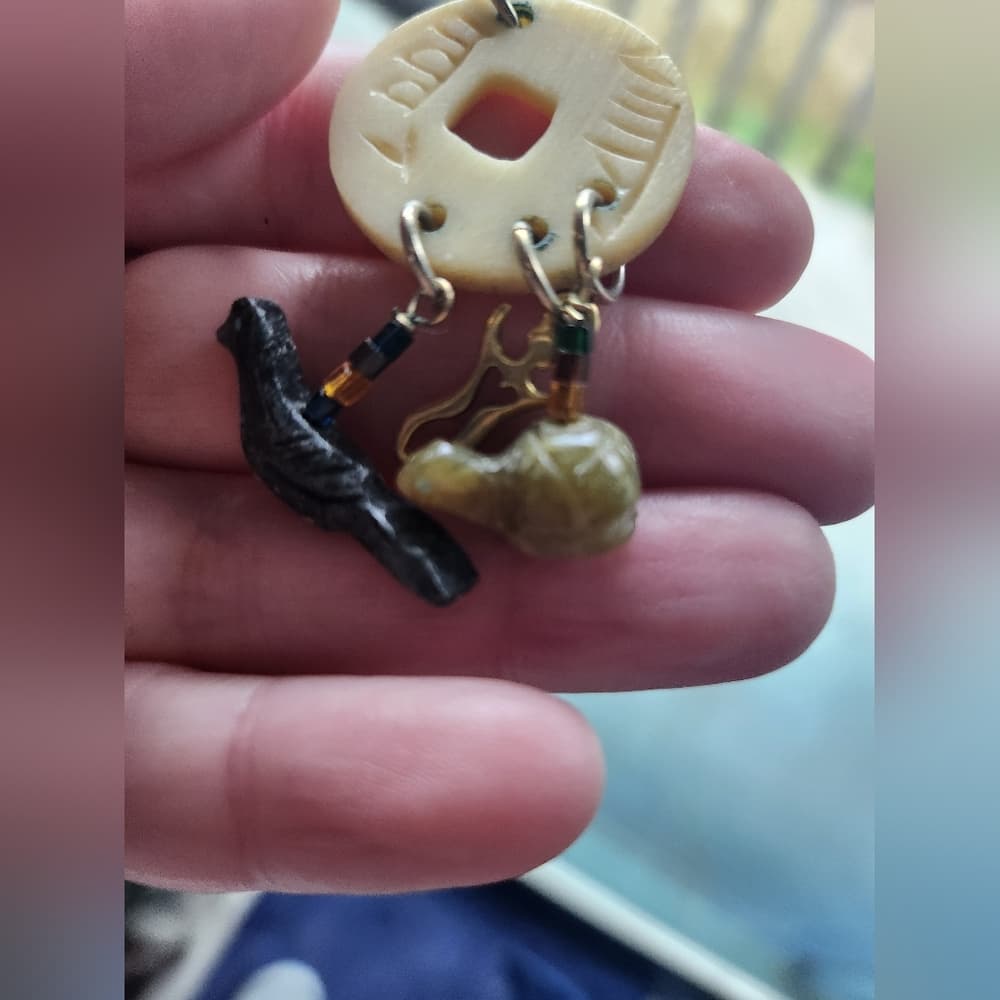 Tribal Style Carved Bone Animal Gemstone Post Back Earrings - Thumbnail 4