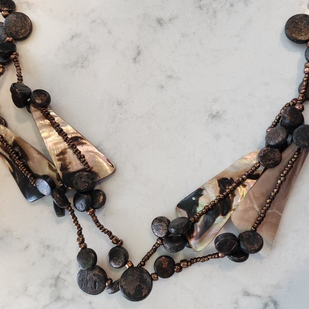 Pretty Brown Cream and Black Shell And Wood Long Beaded Necklace - Thumbnail 2