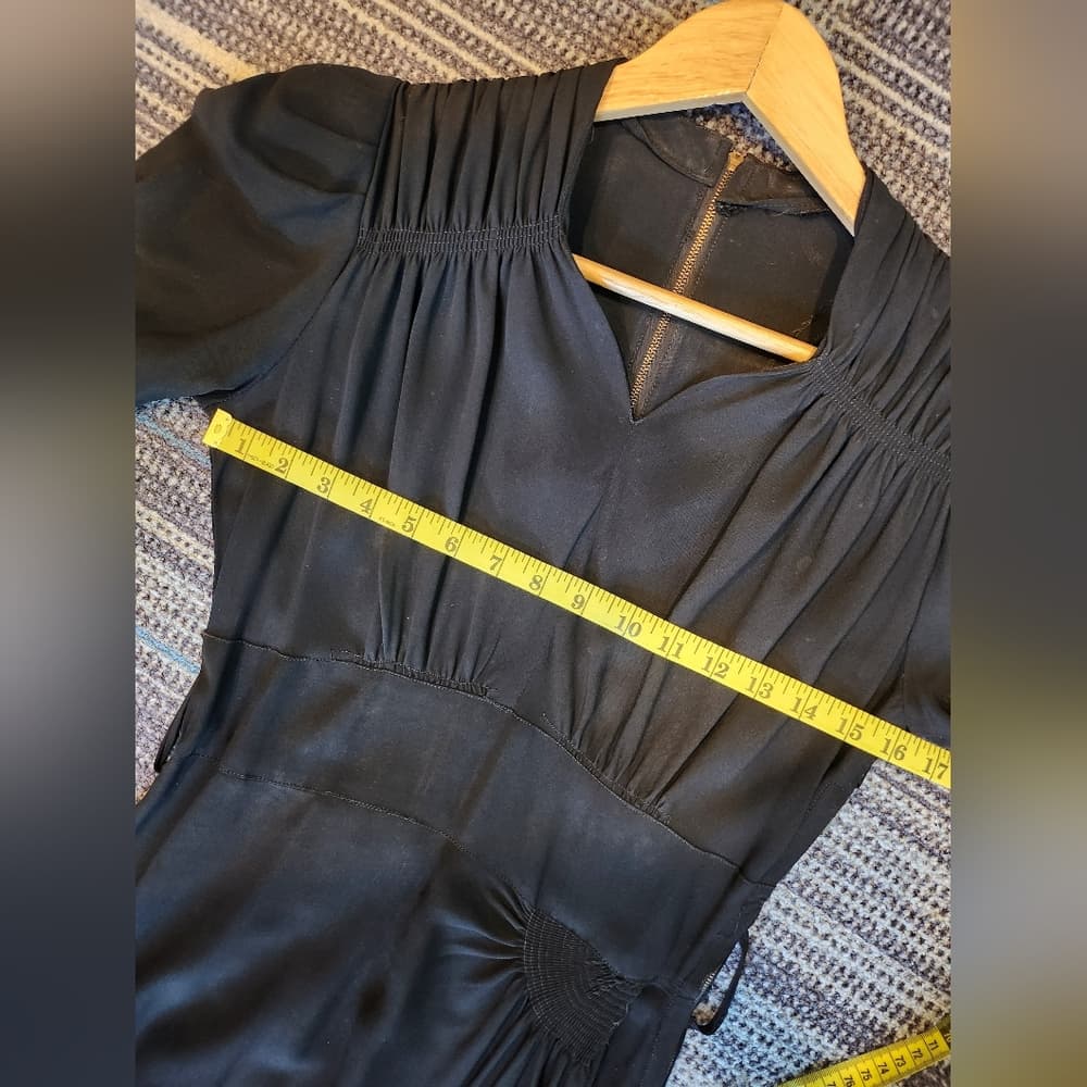 Vintage 1930s Black Crepe Midi Dress Wrap Style front With Belt - Thumbnail 14