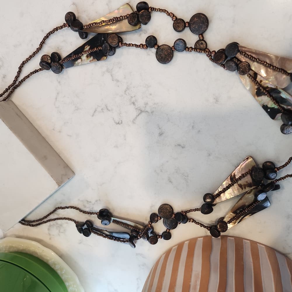 Pretty Brown Cream and Black Shell And Wood Long Beaded Necklace