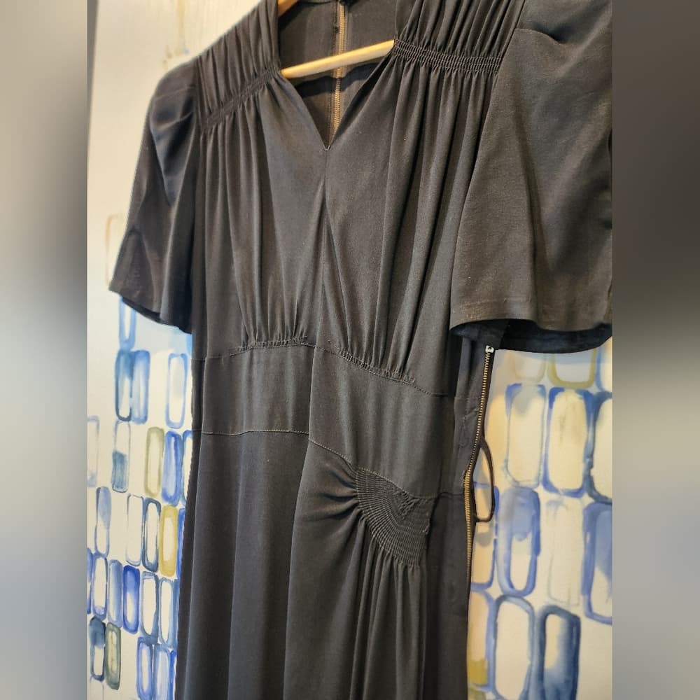 Vintage 1930s Black Crepe Midi Dress Wrap Style front With Belt - Thumbnail 5