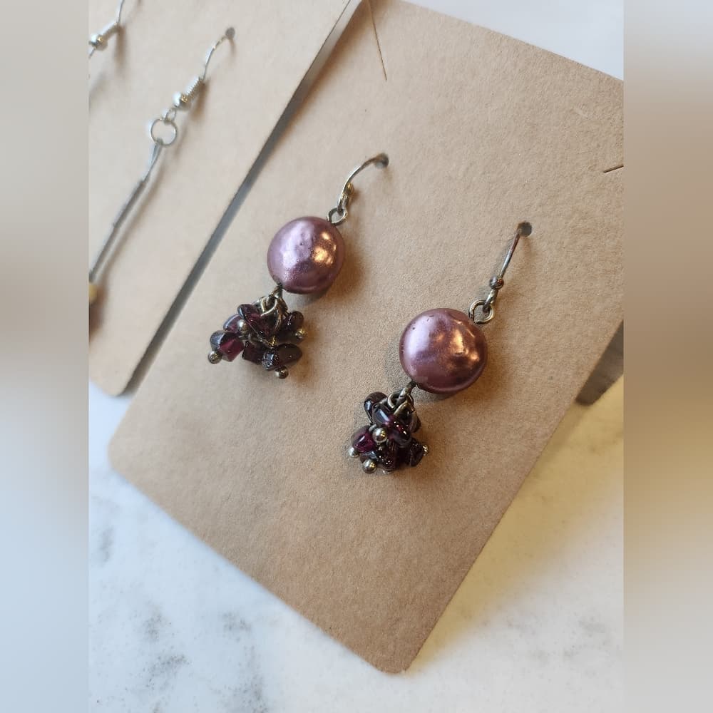 Two Pair Purple And Silver Beaded Pearl And Shell Earring Bundle