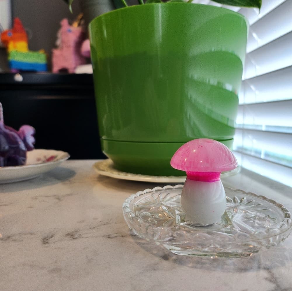Vintage Glass with Pink Resin Mushroom Jewelry Holder Trinket Dish