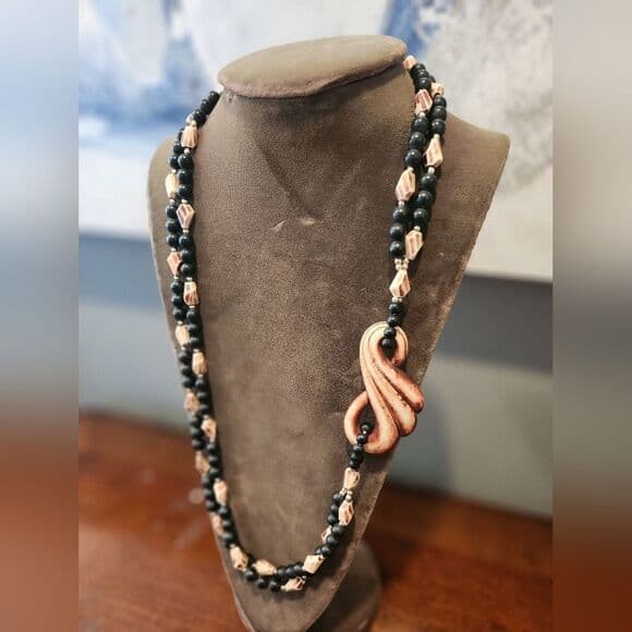 Vintage Brown and Black Plastic Beaded Double Layer Ornate Artsy Necklace - Thumbnail 8