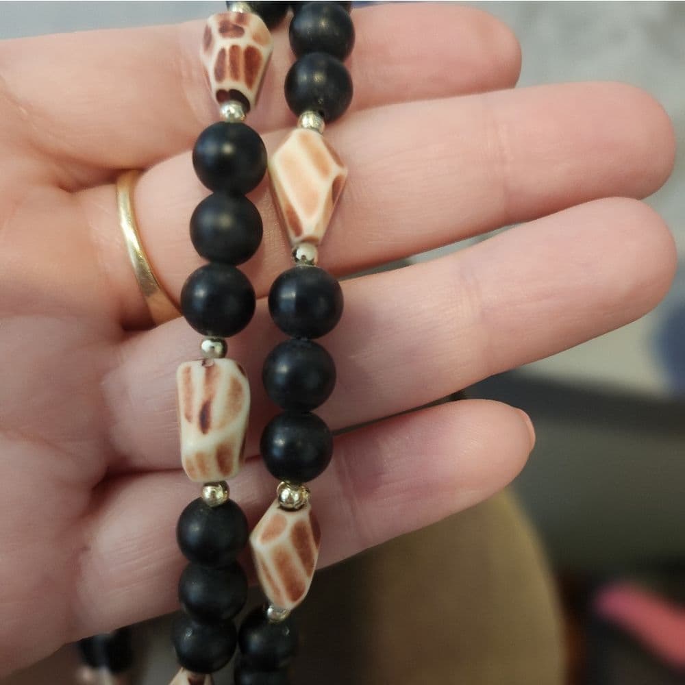 Vintage Brown and Black Plastic Beaded Double Layer Ornate Artsy Necklace - Thumbnail 6