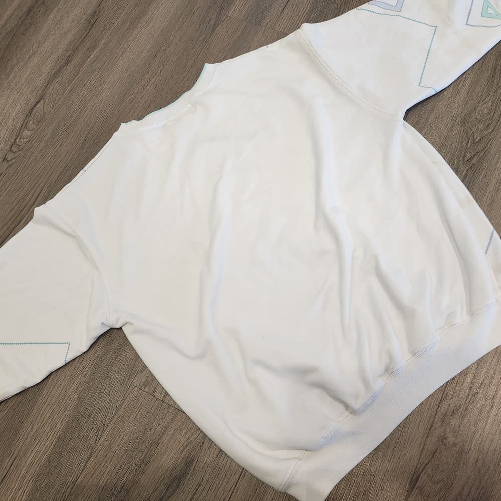 Vintage 90s Chic White and Blue Geometric Patterned Pullover Sweatshirt - Thumbnail 5