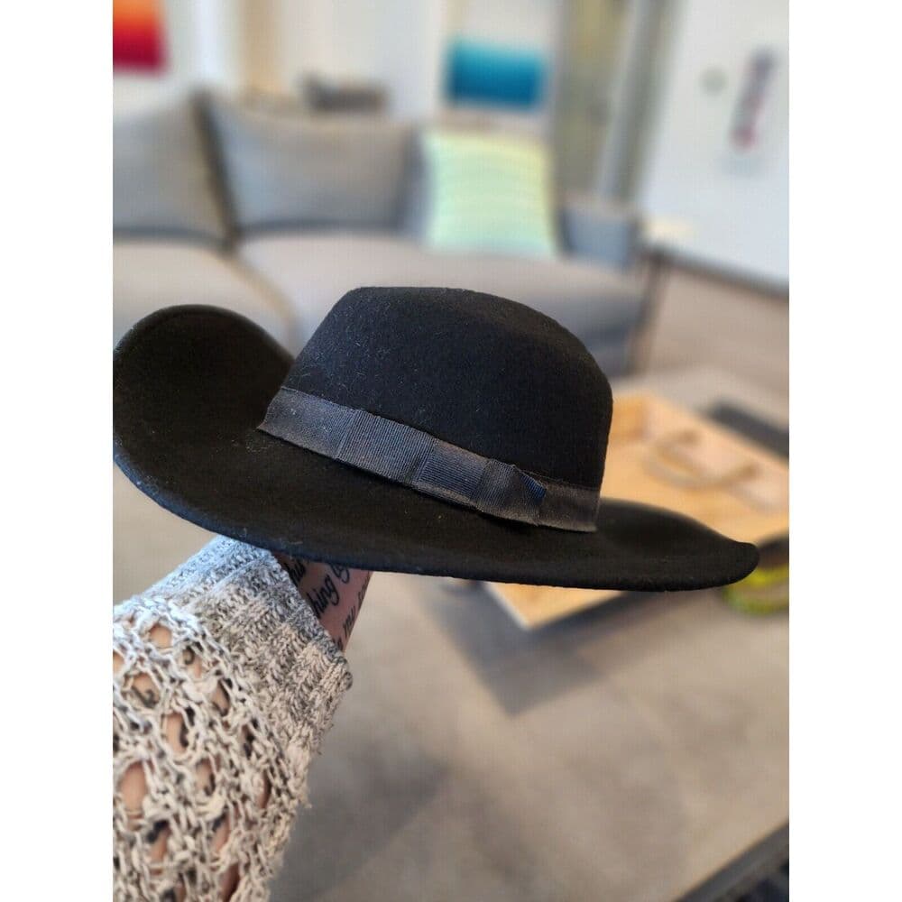 NORDSTROM Vintage 80s Made in Italy 100% Wool Black Fedora Sun Hat Wide - Thumbnail 10