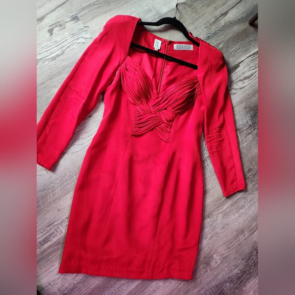 Vintage Niteline Red Silk Evening Formal Long Sleeve Cocktail Dress - Thumbnail 4