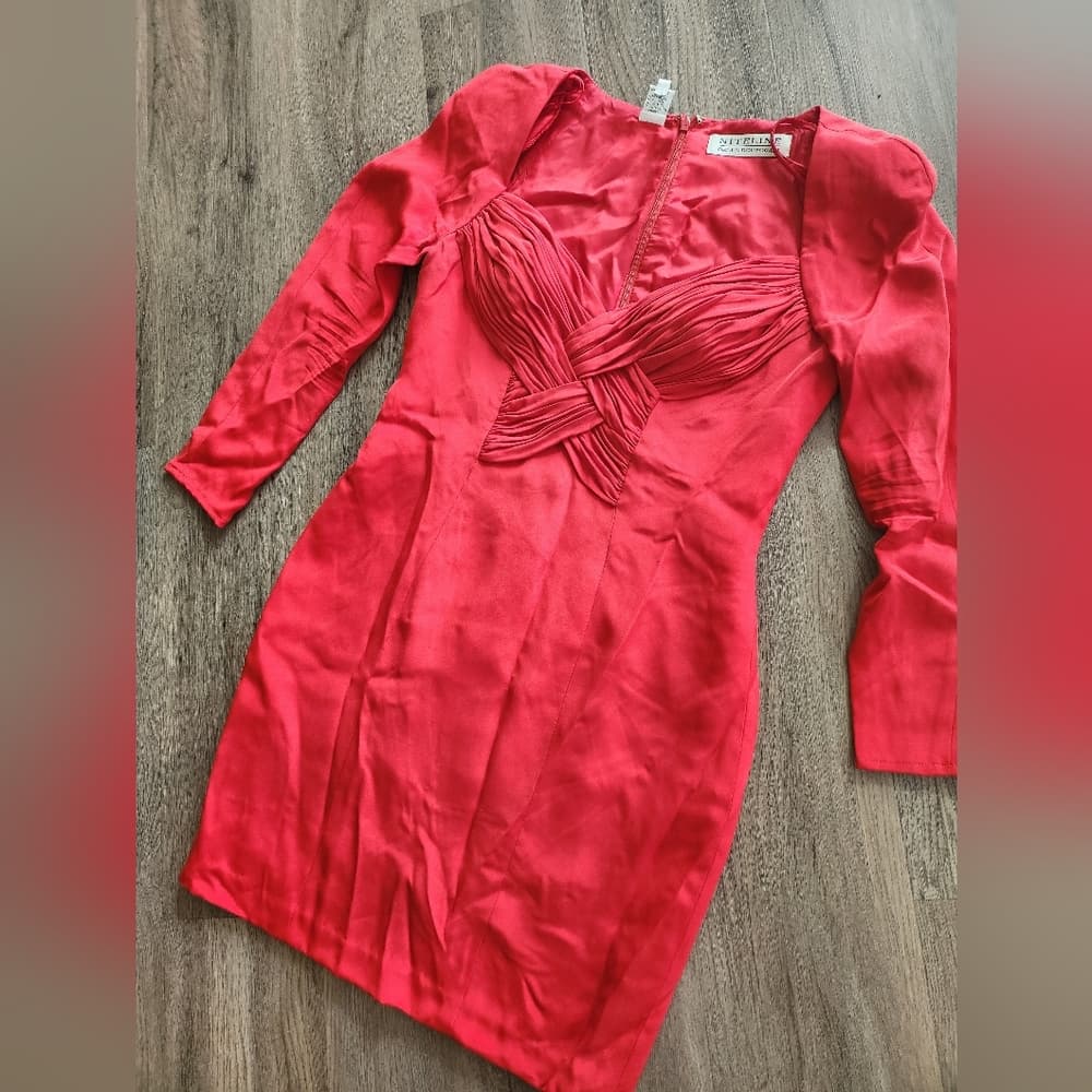 Vintage Niteline Red Silk Evening Formal Long Sleeve Cocktail Dress - Thumbnail 2