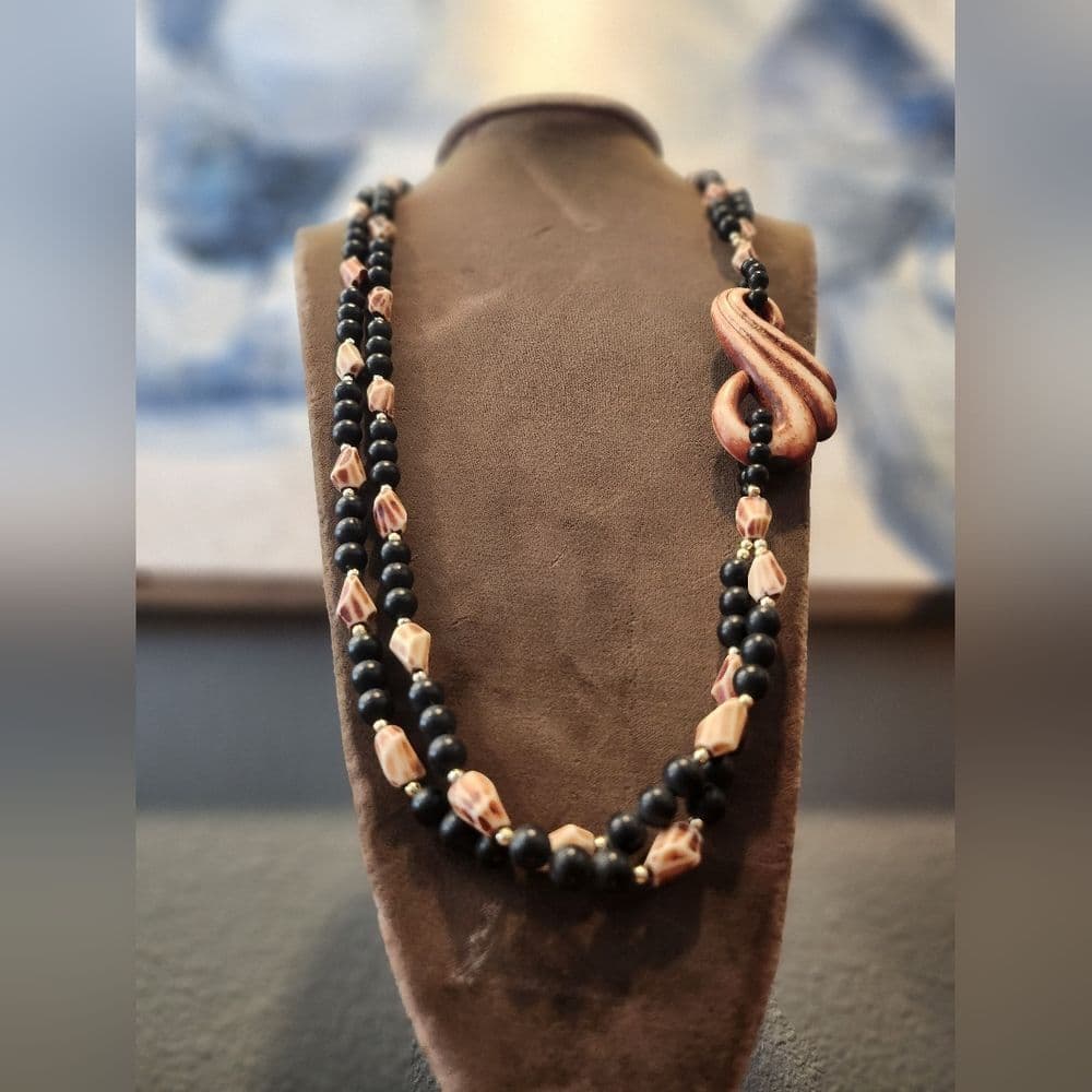 Vintage Brown and Black Plastic Beaded Double Layer Ornate Artsy Necklace - Thumbnail 2