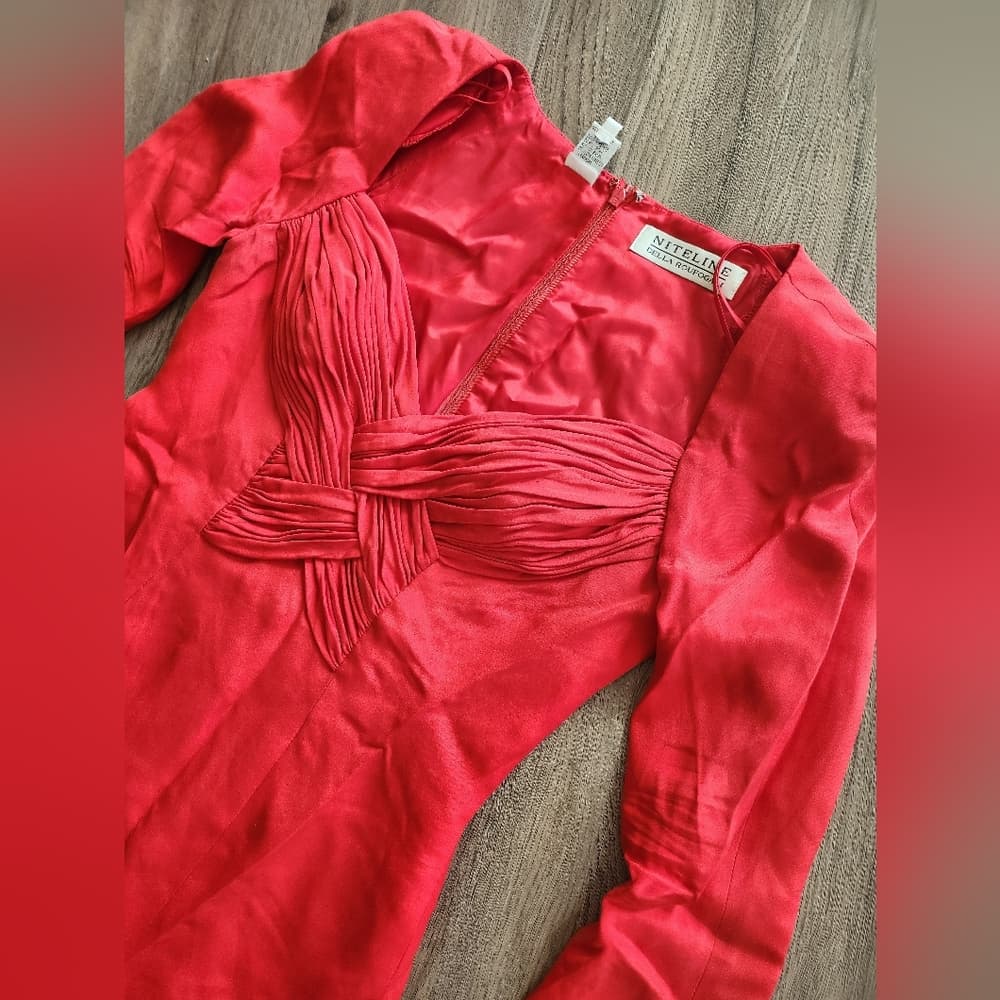 Vintage Niteline Red Silk Evening Formal Long Sleeve Cocktail Dress - Thumbnail 3
