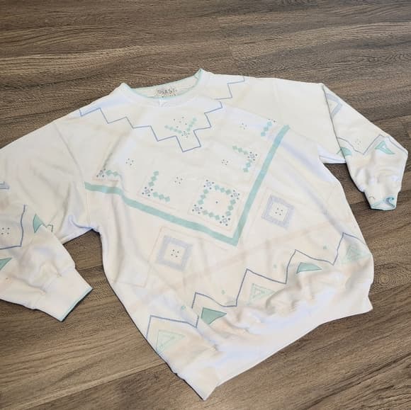 Vintage 90s Chic White and Blue Geometric Patterned Pullover Sweatshirt - Thumbnail 10