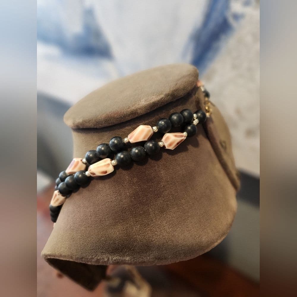 Vintage Brown and Black Plastic Beaded Double Layer Ornate Artsy Necklace - Thumbnail 3
