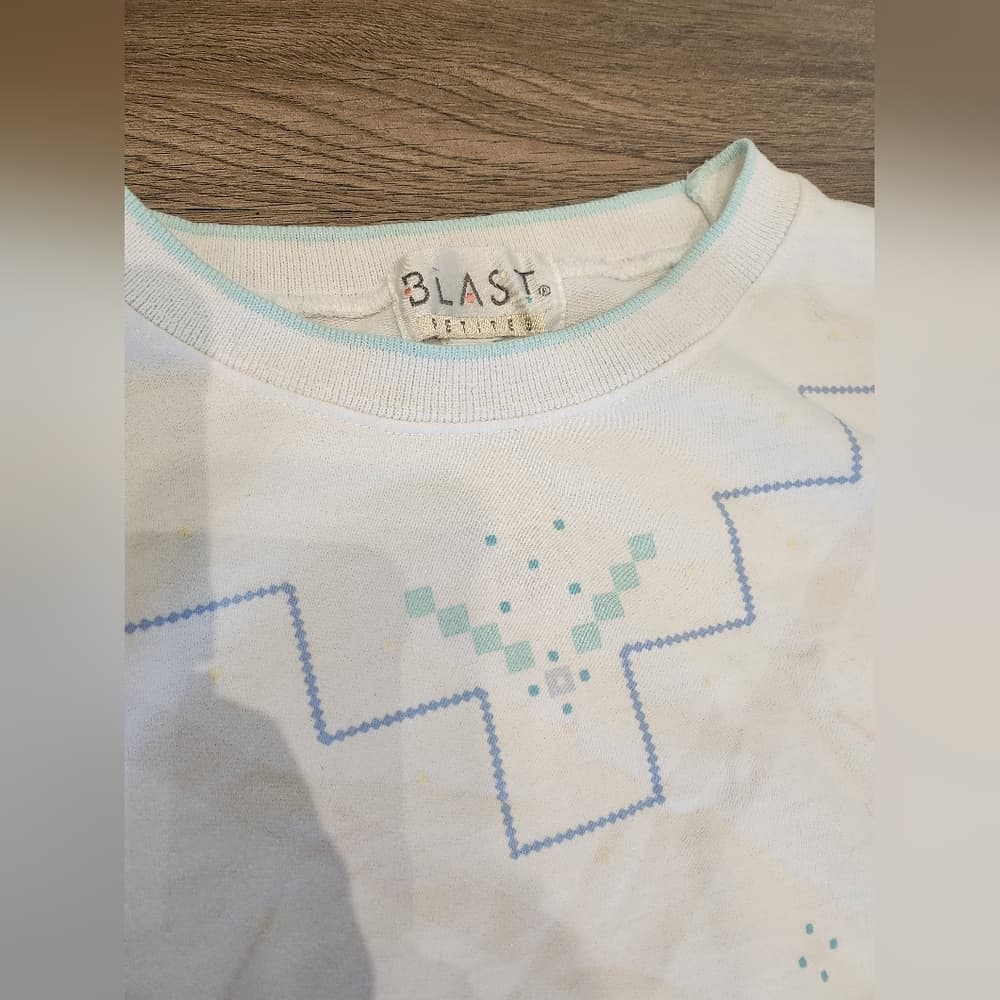 Vintage 90s Chic White and Blue Geometric Patterned Pullover Sweatshirt - Thumbnail 2