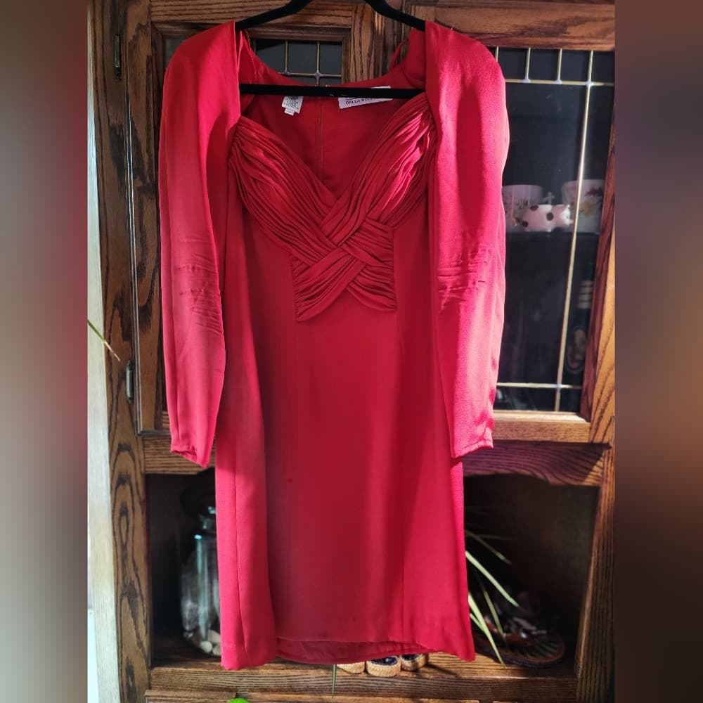 Vintage Niteline Red Silk Evening Formal Long Sleeve Cocktail Dress - Thumbnail 5