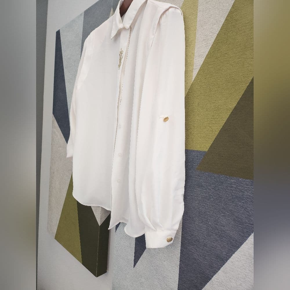 Vintage Notations White Polyester Gold Emboidered Long Sleep Button Up Blouse - Thumbnail 6