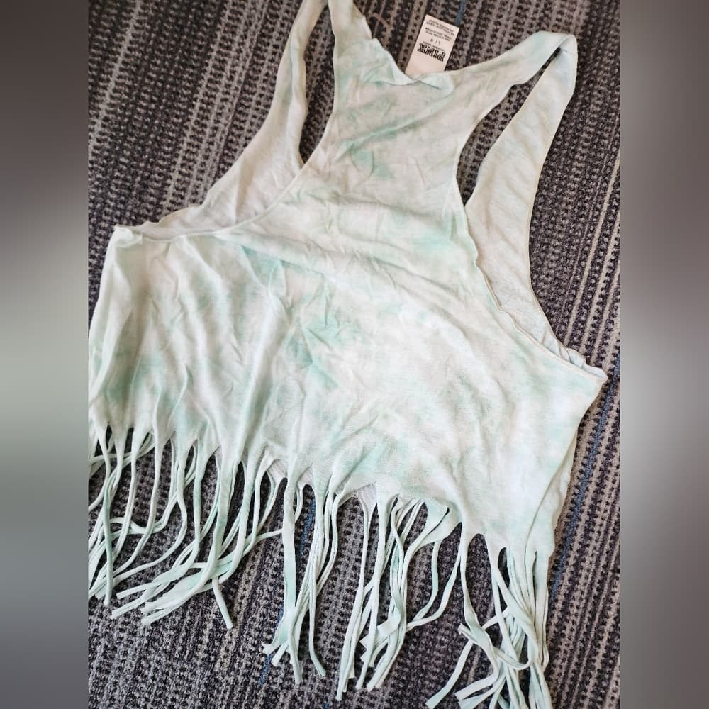 PINK Fringed Tank Top Semi Sheer Tie Dye Turquoise and White - Thumbnail 3