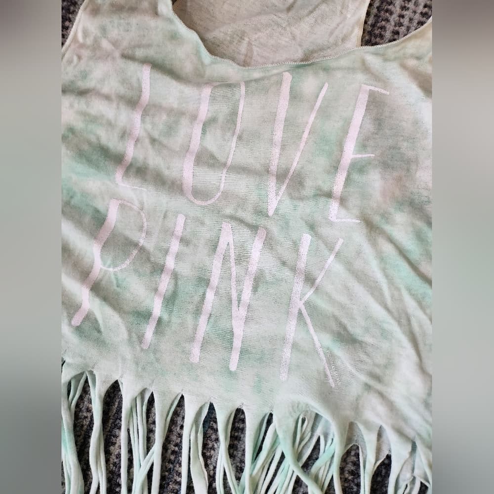 PINK Fringed Tank Top Semi Sheer Tie Dye Turquoise and White