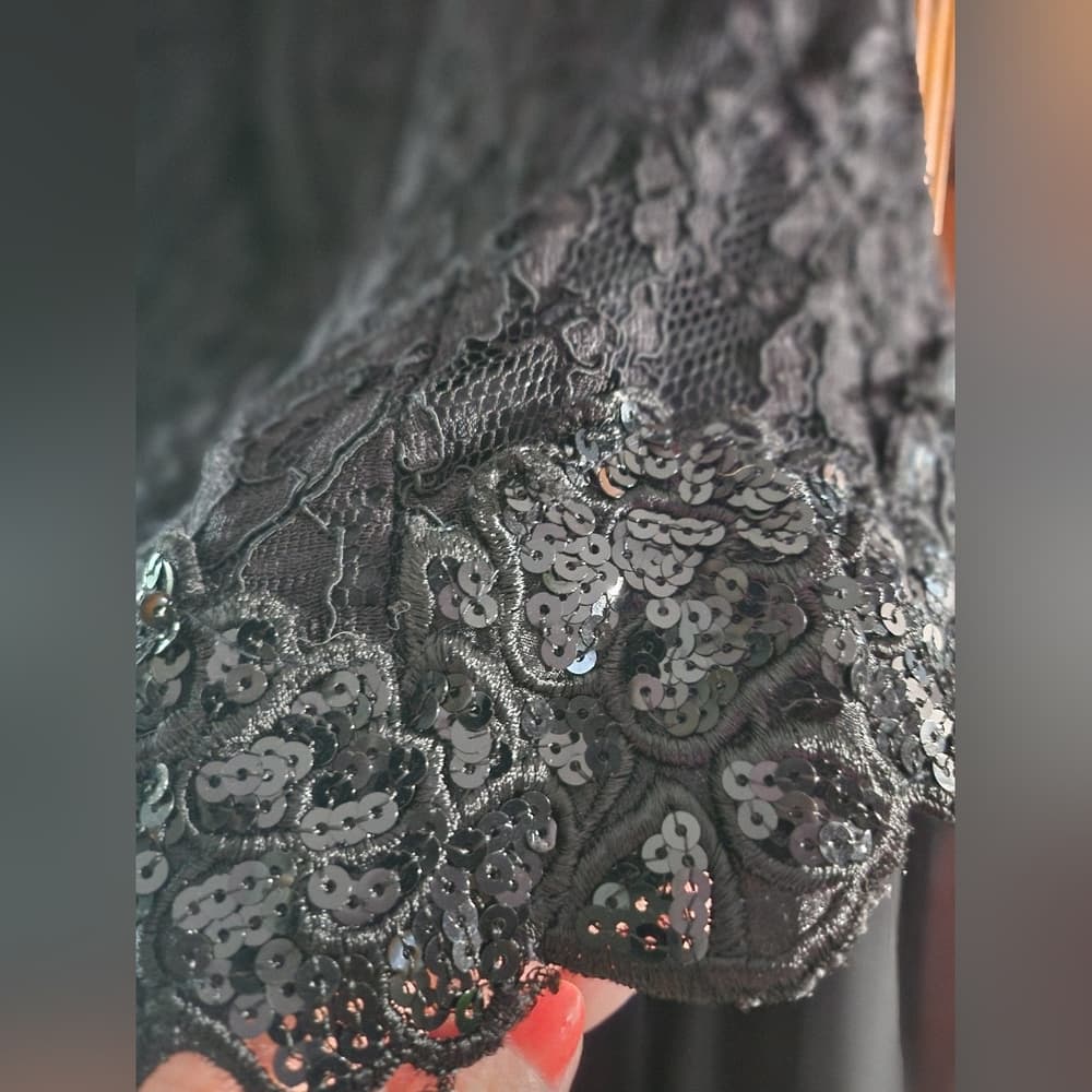Vintage Scott McClintock Black Formal Lace and Sequin Flowy Strappless Dress - Thumbnail 8