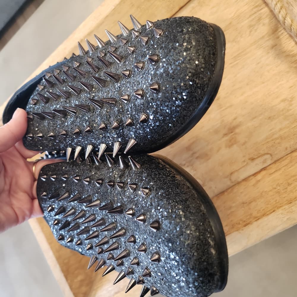 Black Studded Loafers with Silver Spikes By Moretti Black Label - Thumbnail 3