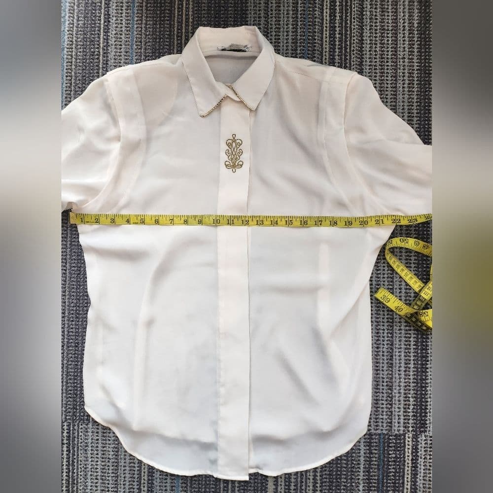 Vintage Notations White Polyester Gold Emboidered Long Sleep Button Up Blouse - Thumbnail 12