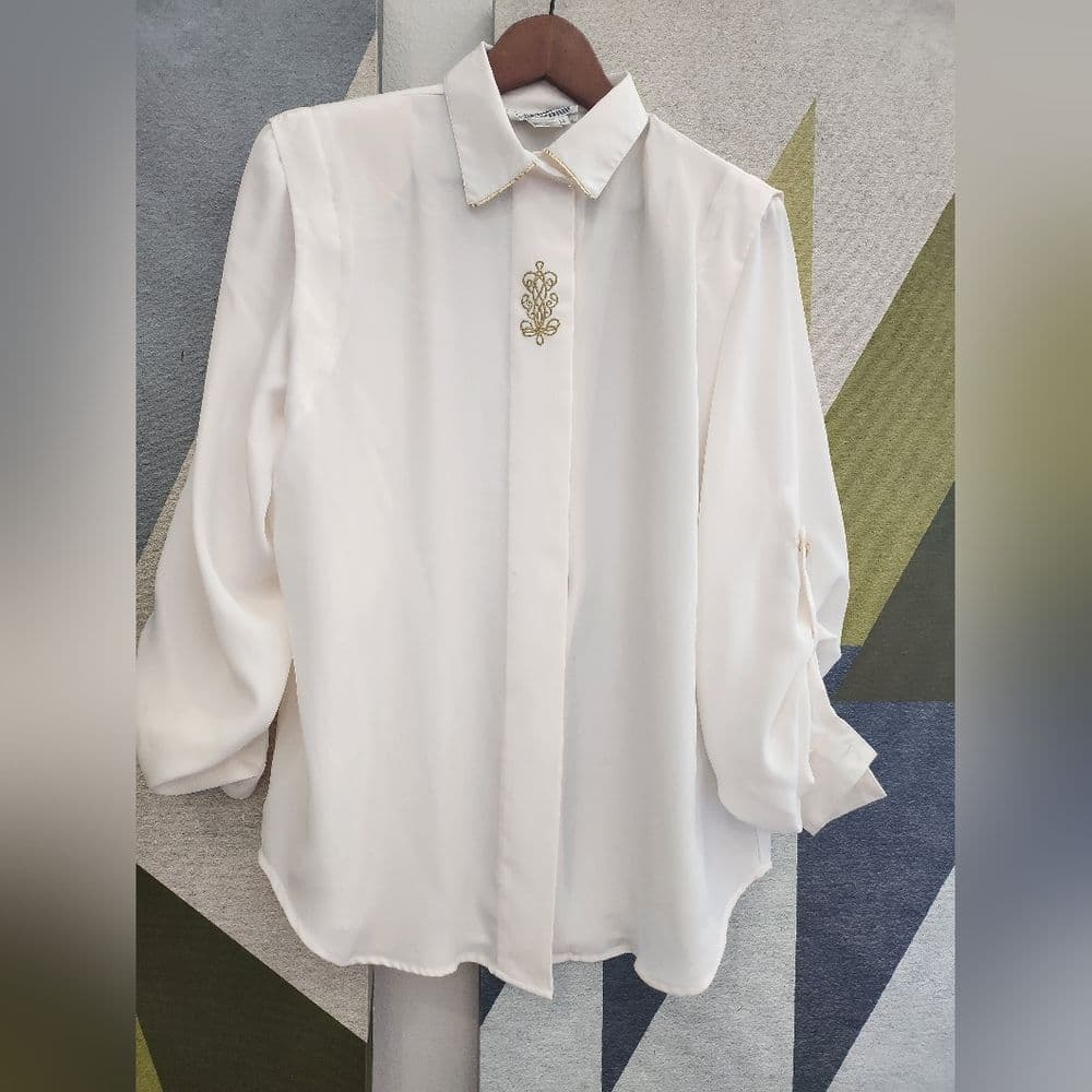 Vintage Notations White Polyester Gold Emboidered Long Sleep Button Up Blouse - Thumbnail 16