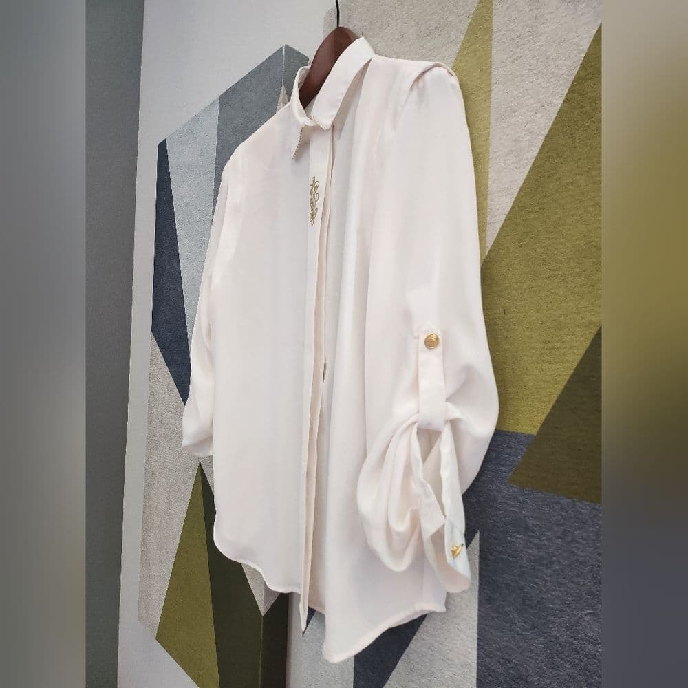 Vintage Notations White Polyester Gold Emboidered Long Sleep Button Up Blouse