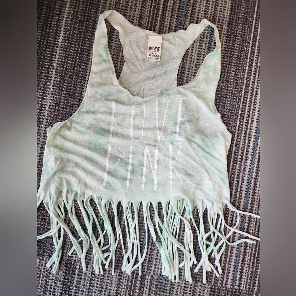 PINK Fringed Tank Top Semi Sheer Tie Dye Turquoise and White - Thumbnail 5