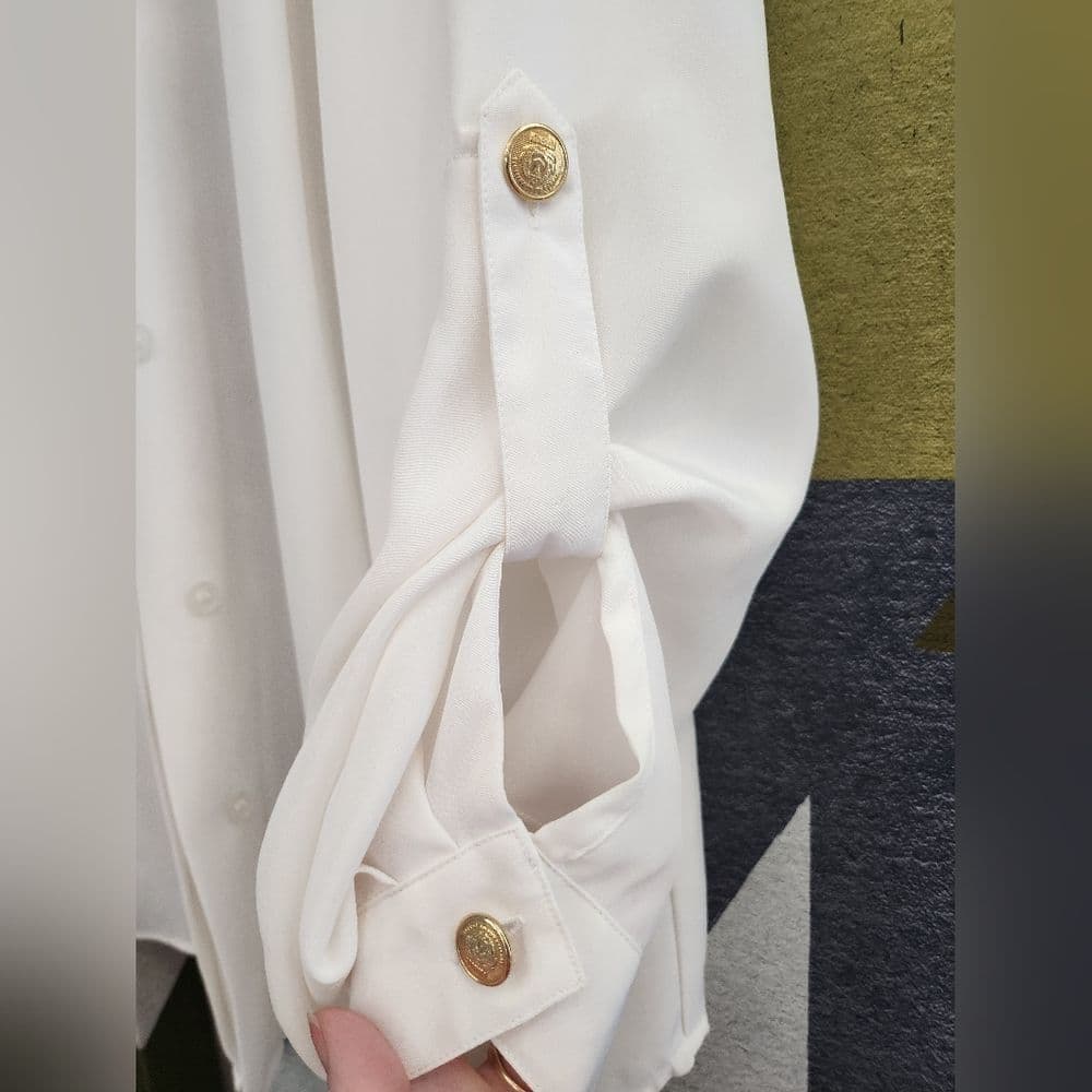Vintage Notations White Polyester Gold Emboidered Long Sleep Button Up Blouse - Thumbnail 5