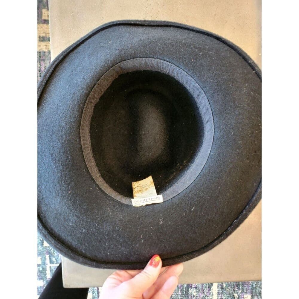 NORDSTROM Vintage 80s Made in Italy 100% Wool Black Fedora Sun Hat Wide - Thumbnail 5