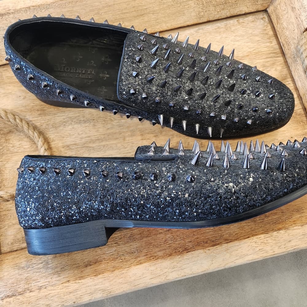 Black Studded Loafers with Silver Spikes By Moretti Black Label - Thumbnail 2