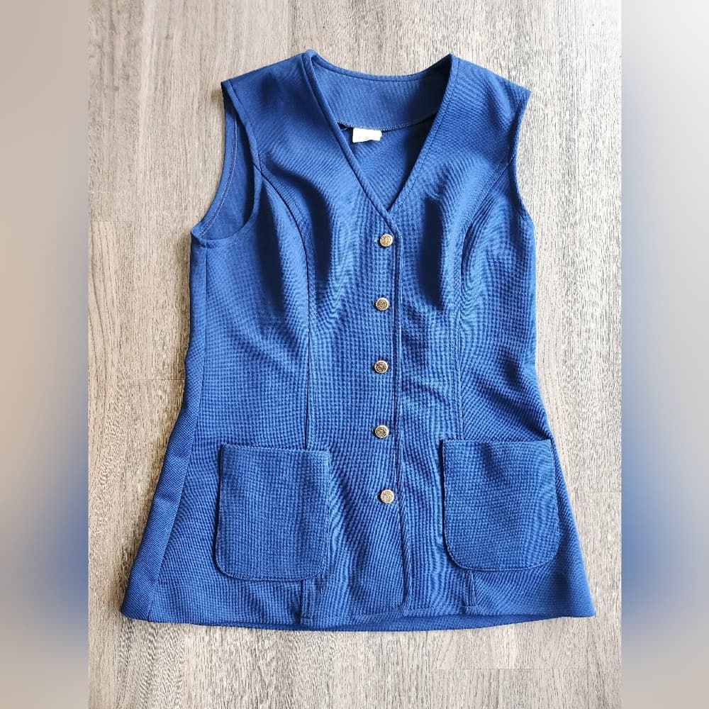 Vintage Mod 60s Blue Tailored Button Down Sleeveless Vest with Pockets s/m - Thumbnail 14