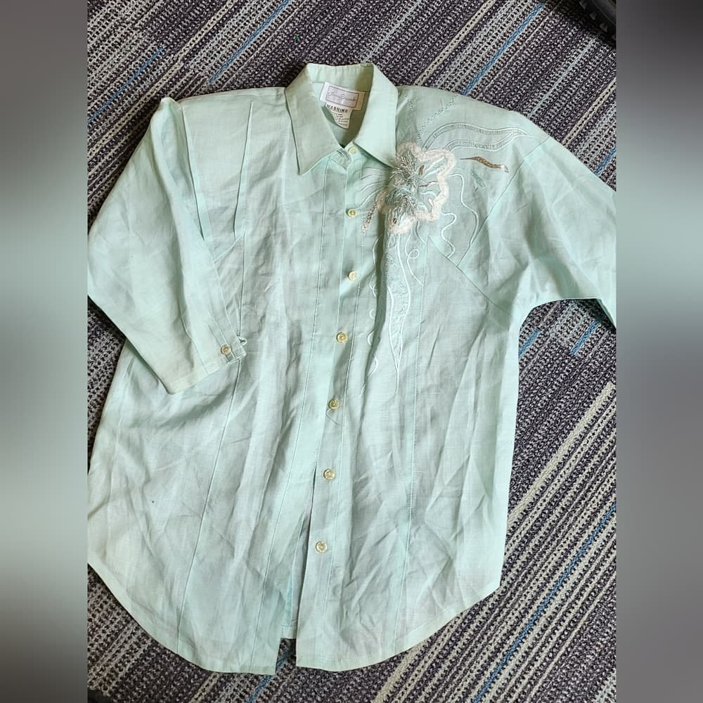 Vintage Anne French Light Turquiose Textured Abstract Blouse - Thumbnail 11