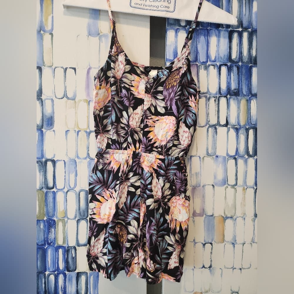 Divided Purple Floral Palm Print Shorts Romper with Pockets