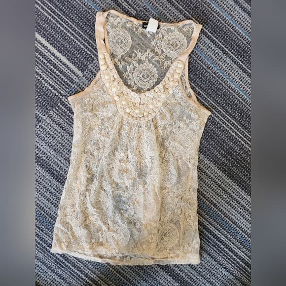 Y2K Wet Seal Lace Sheer Off White Beaded Tank Top - Thumbnail 9