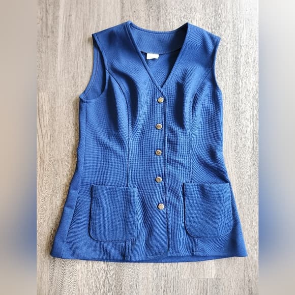 Vintage Mod 60s Blue Tailored Button Down Sleeveless Vest with Pockets s/m - Thumbnail 15