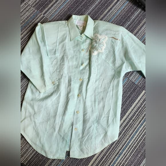 Vintage Anne French Light Turquiose Textured Abstract Blouse - Thumbnail 12